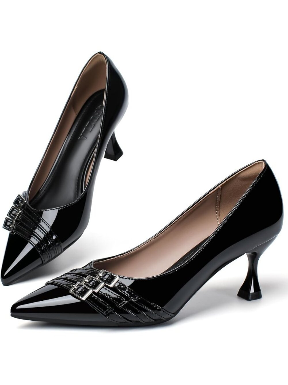 Women's Black Leather Kitten Heels Comfortable Closed Pointed Toe Pumps Shoes